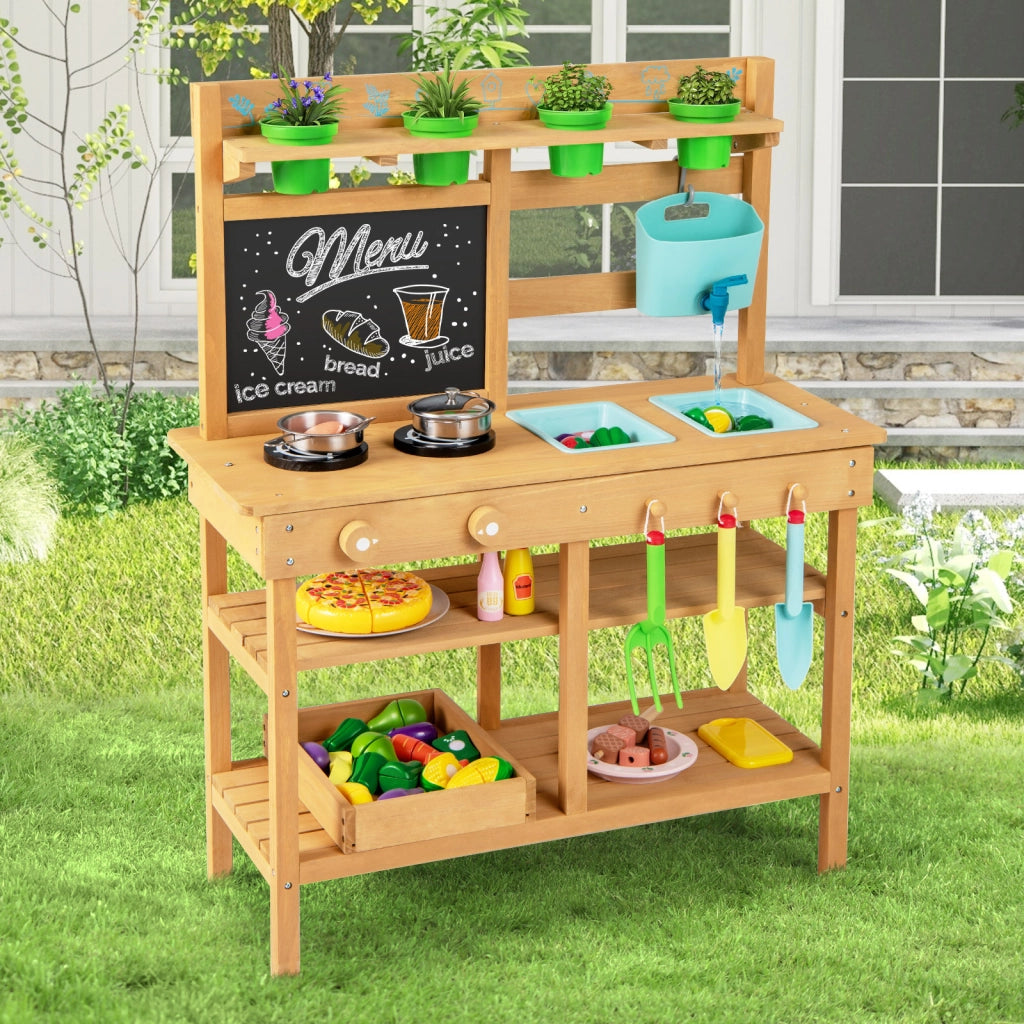 Cucina in legno per bambini con rubinetto lavandini rimovibili lavagna fornelli-Cucina da gioco all'aperto manopole vasi fiori accessori 3+ anni