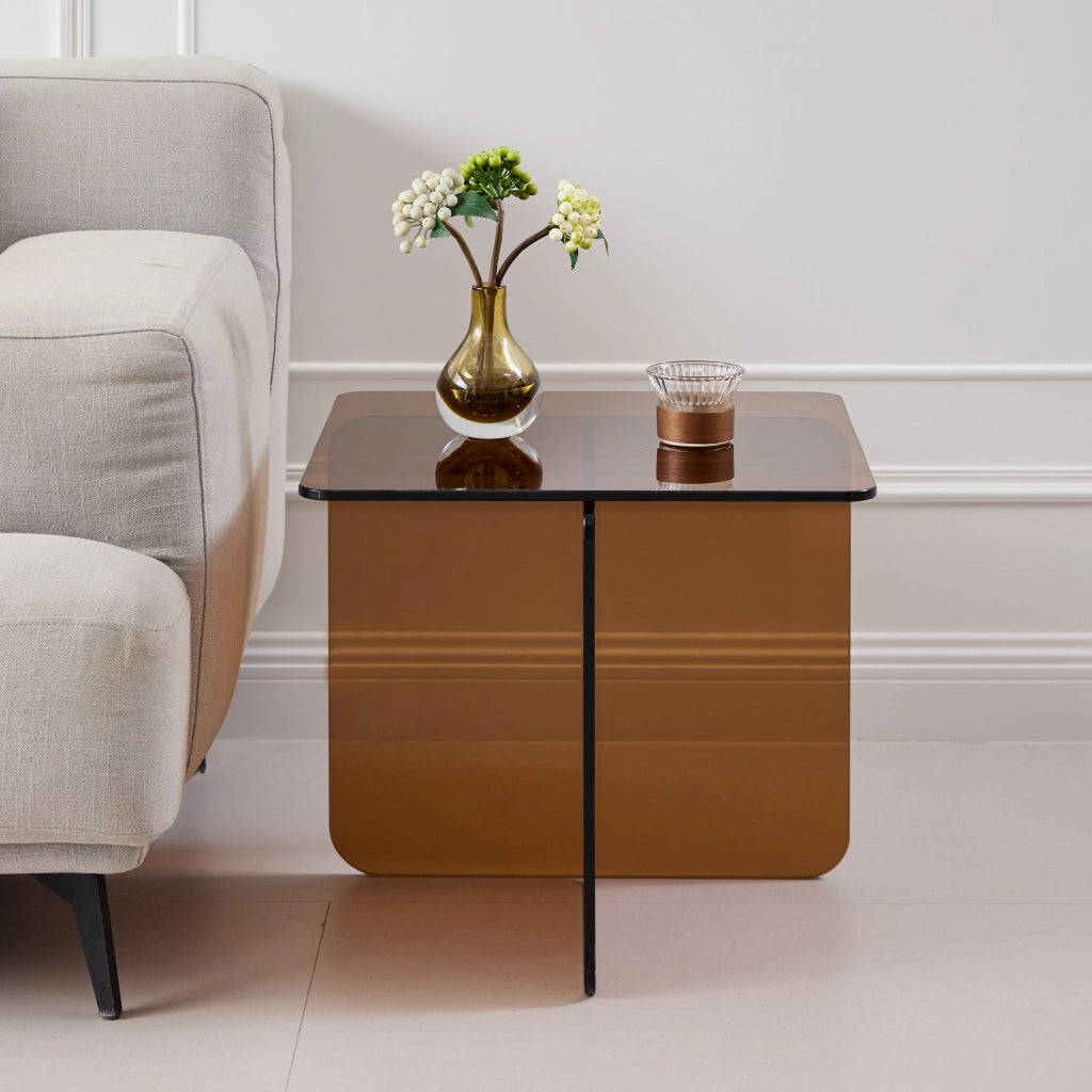 Tavolino basso in vetro temperato multiuso con piano trasparente, per soggiorno e ufficio, marrone, 45 × 45 × 51 cm