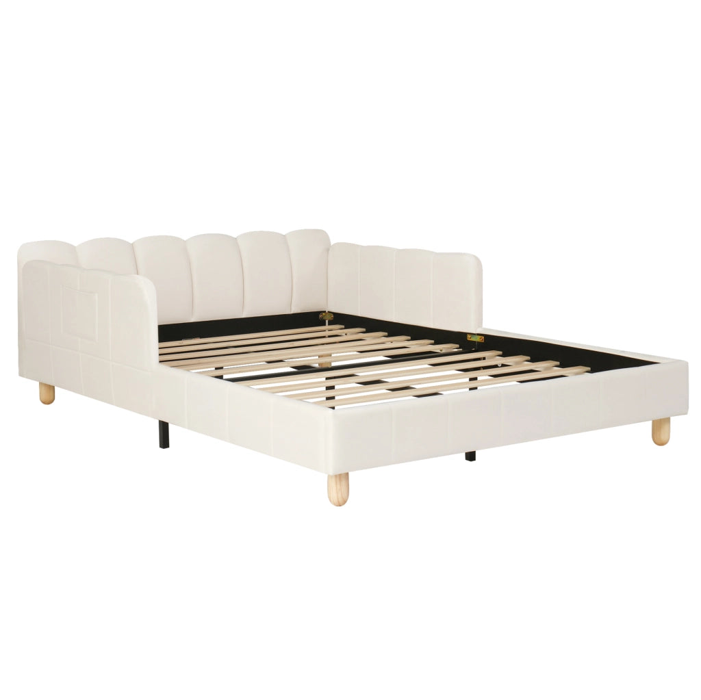 Letto 140x190 cm in velluto beige con rete a doghe e braccioli con tasche