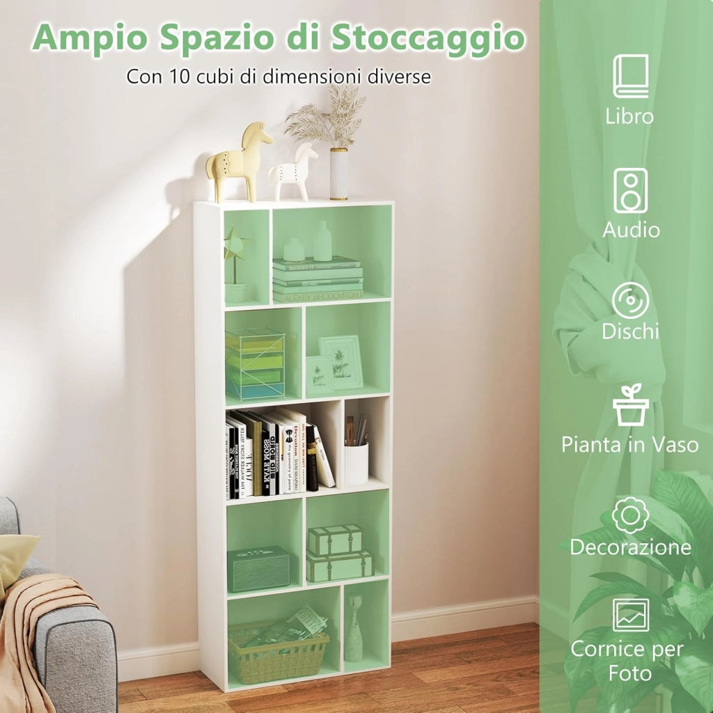 Libreria Geometrica a 5 Piani, Scaffale in Legno con 10 Scomparti, Mensola Espositiva a Pavimento, Scaffale Autoportante per Studio Soggiorno Camera da Letto, 60x25x160 cm