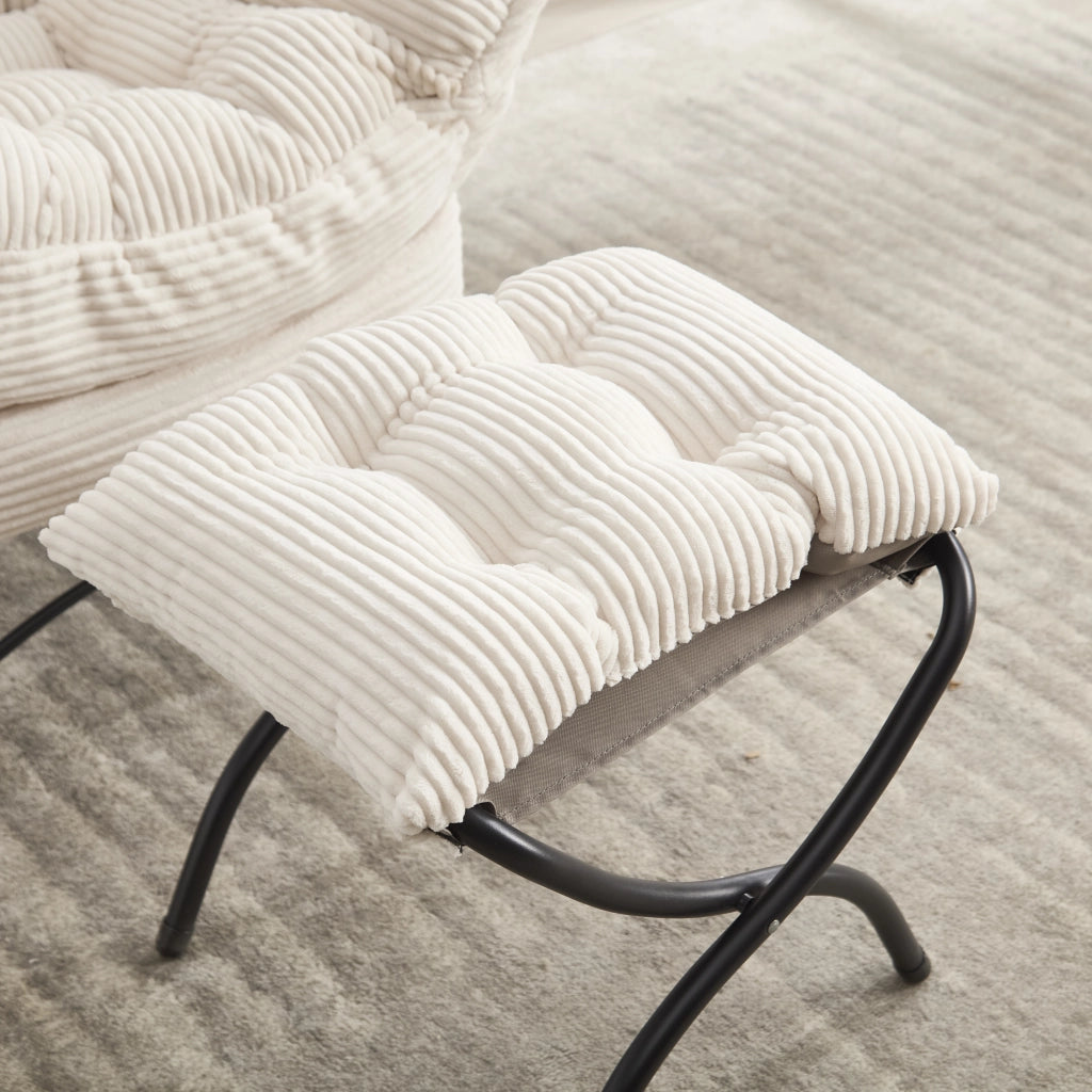 Fauteuil con pouf e tasca laterale con braccioli in acciaio e cotone PP bianco per soggiorno, relax e giardino