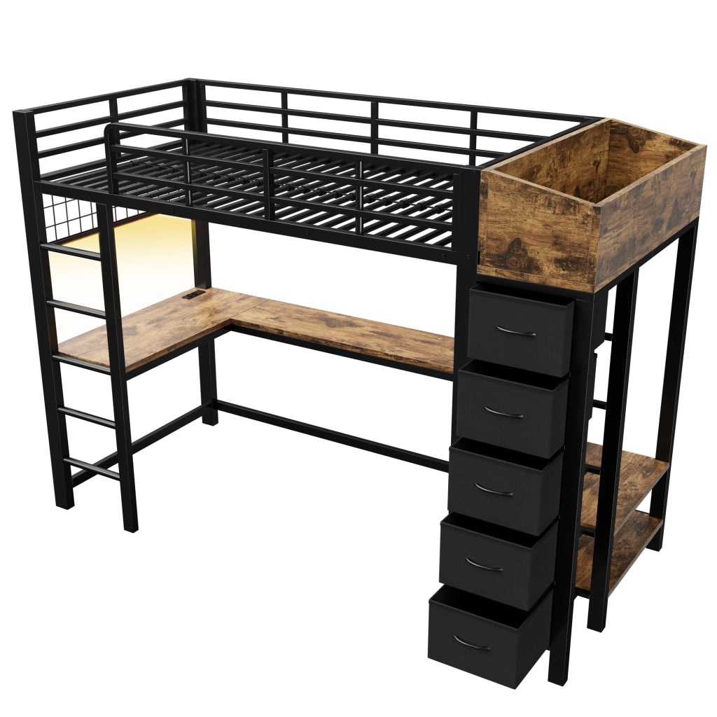 Letto a soppalco in metallo 90x200 cm con scrivania gaming, sistema di contenimento e luci LED