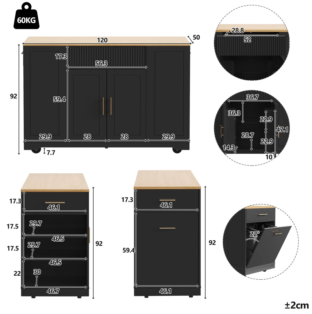 Isola da cucina 120x50 cm; con scomparto per rifiuti; MDF e metallo nero