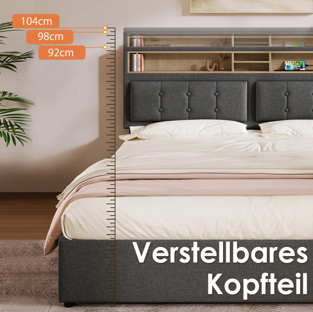 Letto imbottito 140x200 cm grigio con materasso e ricarica USB-C
