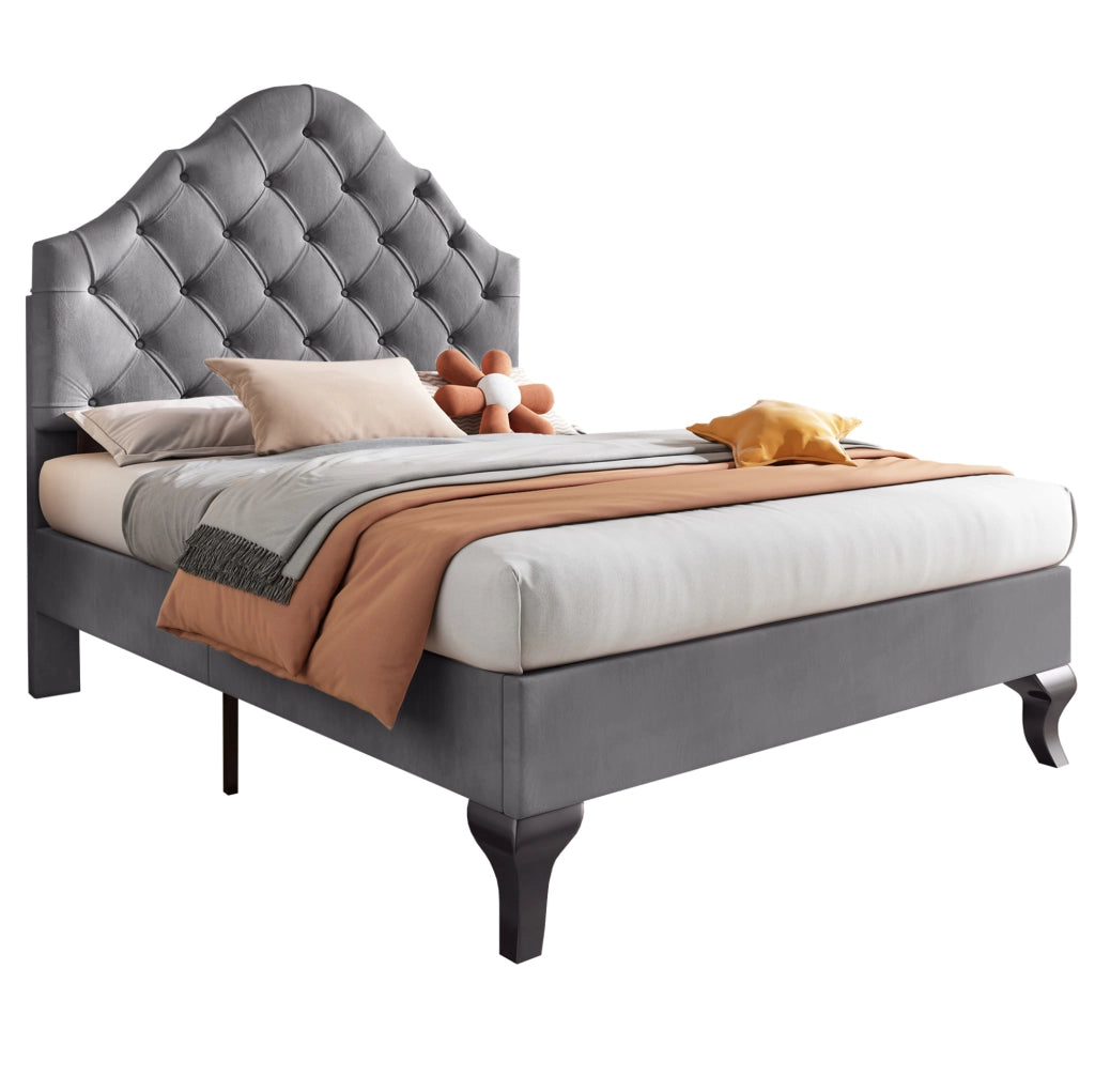 Letto imbottito 90x200 cm in velluto grigio con testiera e rete a doghe in legno