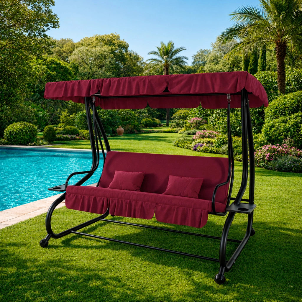 Dondolo 3 Posti Reclinabile Madeira Tettuccio Parasole Regolabile Cuscini Imbottiti Diventa Letto Struttura Robusta In Acciaio Verniciato Giardino Esterno Balcone Terrazzo 200 x 120 x 160 cm Bordeaux