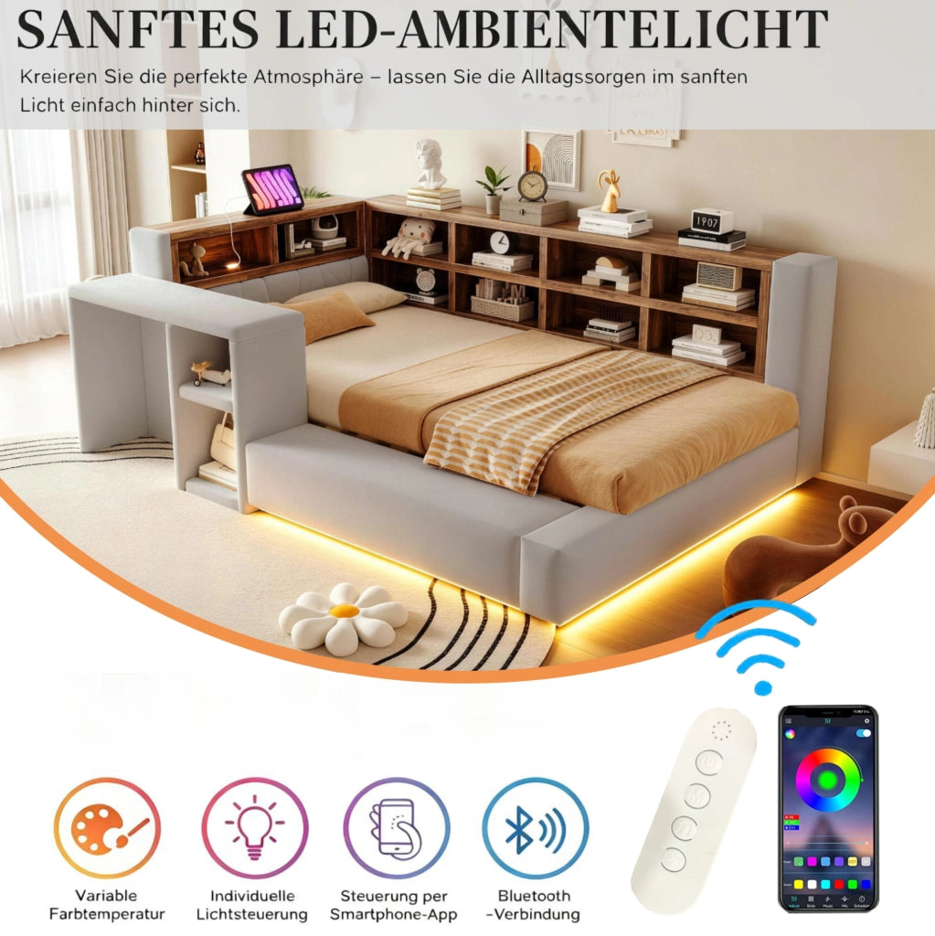 Letto imbottito 90 x 200 cm con LED, prese integrate e vani grigio chiaro