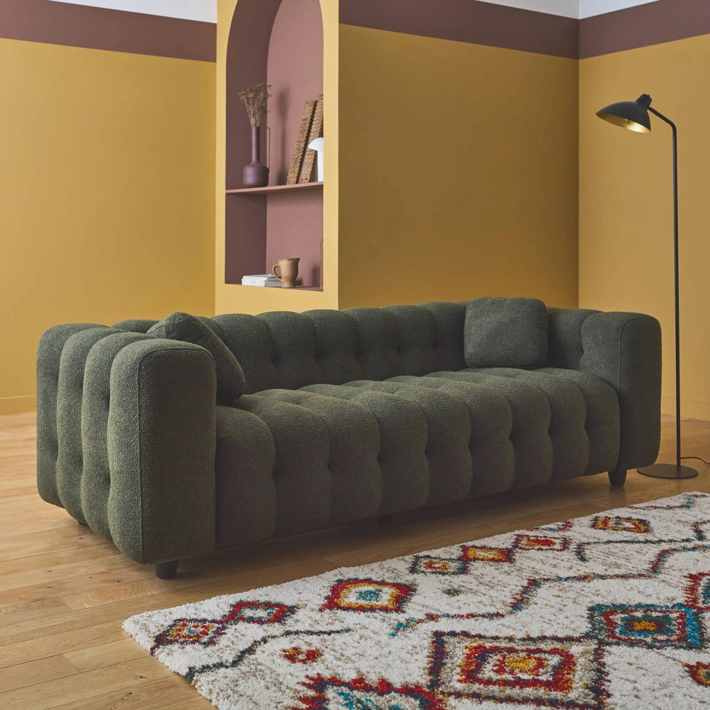 Divano in tessuto bouclé, 3 posti, verde kaki
