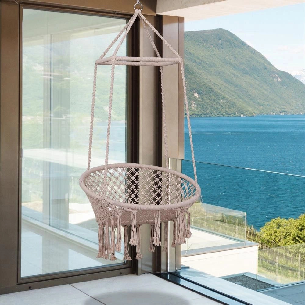 Trade Shop - Amaca Sedia Sospesa Ad Altalena Dondolo In Legno Corda Intrecciata Cotone Beige -