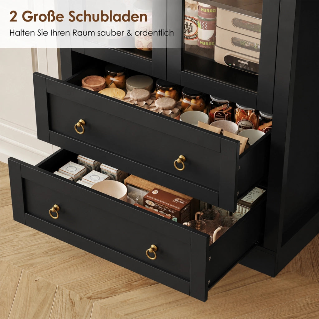 Credenza con ante in vetro, cassetti e ripiani regolabili per cucina e soggiorno, nero, 80 × 36 × 170 cm