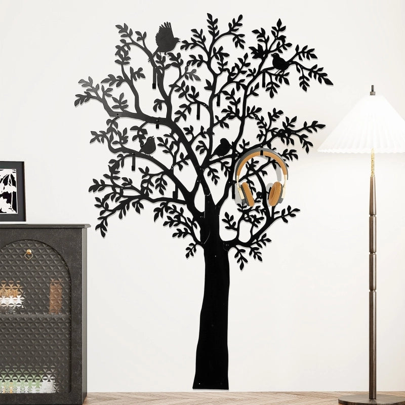 Guardaroba da parete, appendiabiti da parete con design ad albero e uccelli, nero
