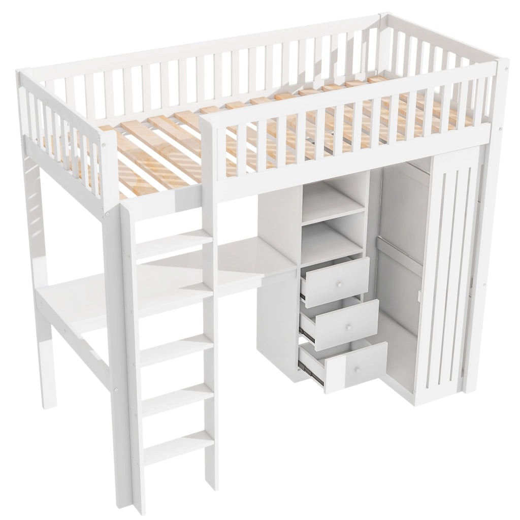 LETTO a soppalco 90x200 cm con scrivania, armadio, 3 cassetti, bianco