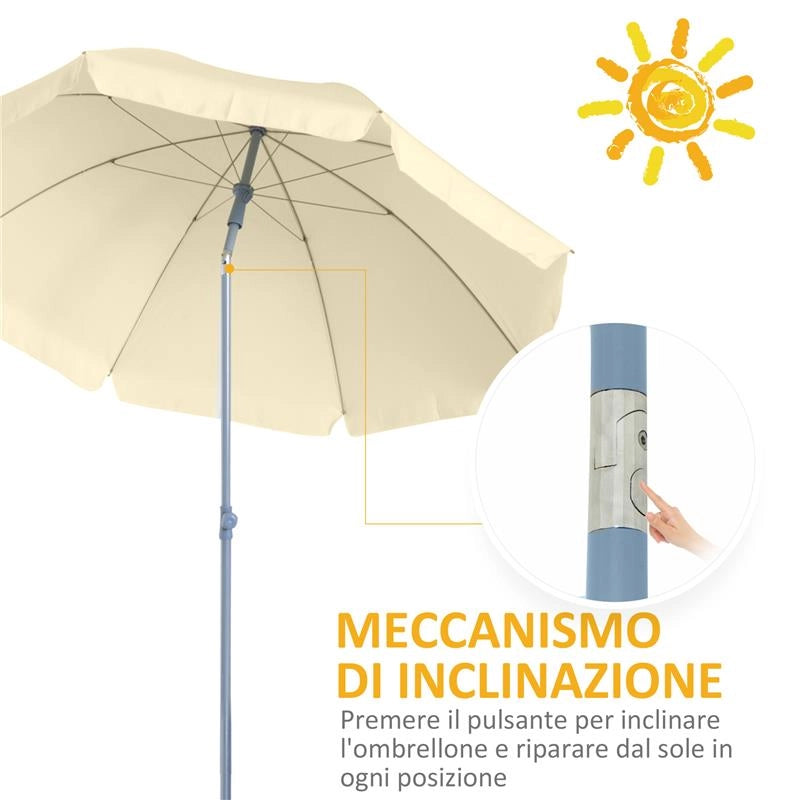 OMBRELLONE PORTATILE 220 CM CON TETTUCCIO INCLINABILE IN POLIESTERE BIANCO CREMA