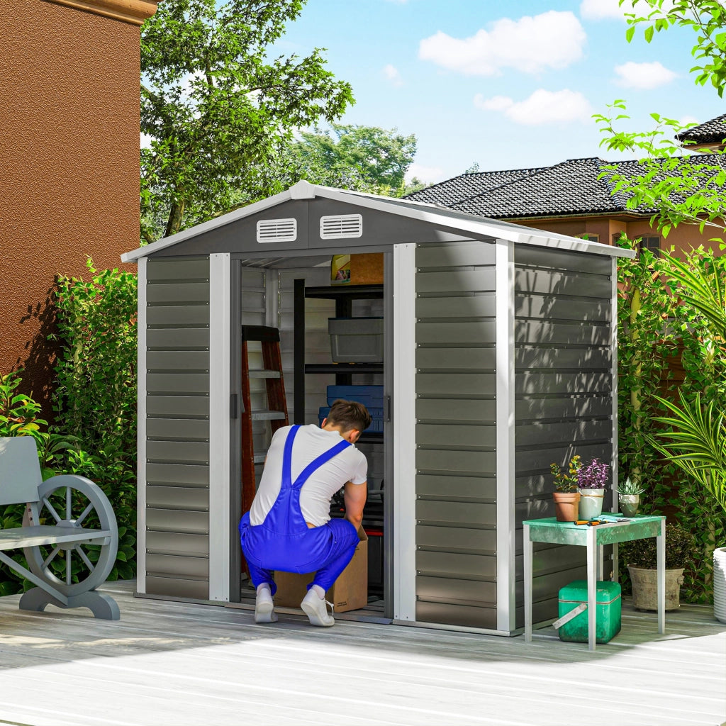 Casetta Box da Giardino Porta Attrezzi 213x120x166-194 cm con Porte Scorrevoli e Lucchetto con Chiavi in Metallo Grigio