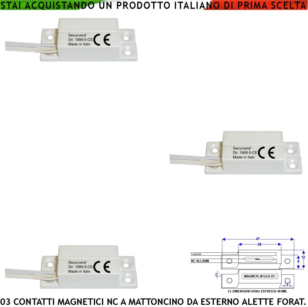 Sensori Magnetici Esterno 3 Pezzi Sensibilità Magnetica 13 mm Contatto Reed NC Sottovuoto Tensione Max 30 V 0,5 A Carico Resistivo 4 Fili 2 NC e 2 Tamper Cont. Con Alette Forate di Fissaggio ABS IP6