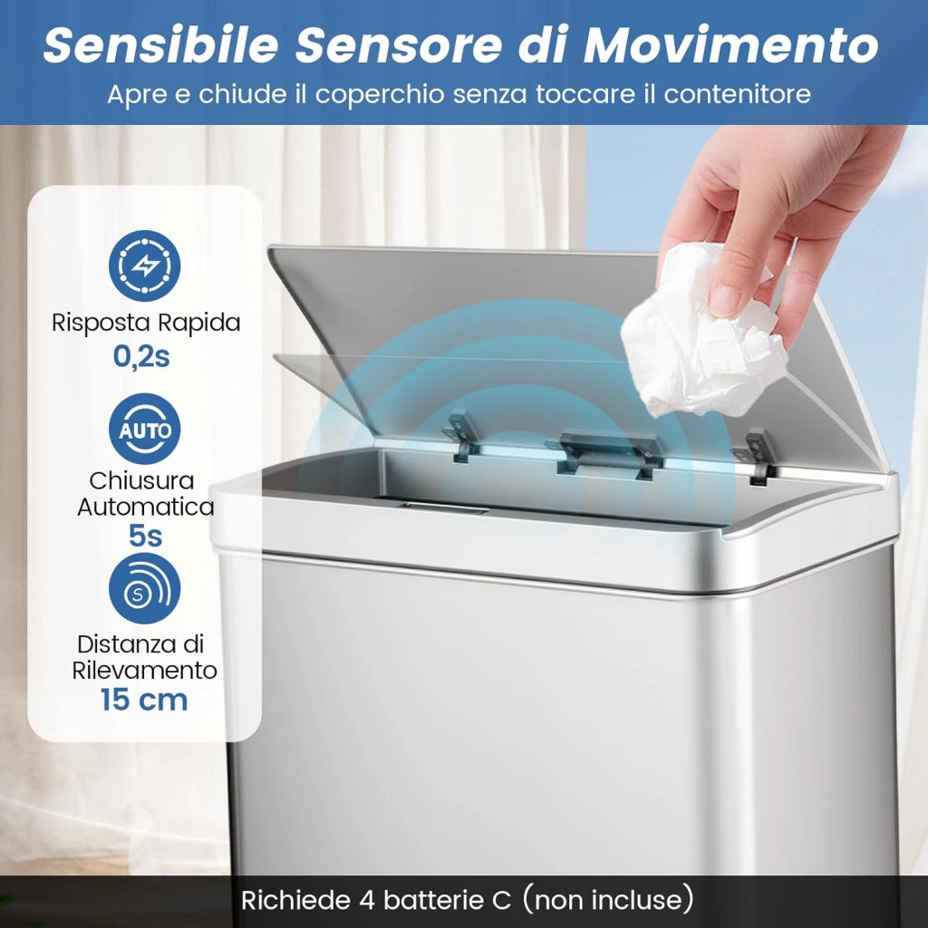 56L Pattumiera Differenziata, Pattumiera in Acciaio Inossidabile a 3 Scomparti con Coperchi, Sensore di Movimento, Coperchio a Chiusura Lenta per Cucina Soggiorno Ufficio (Argento)