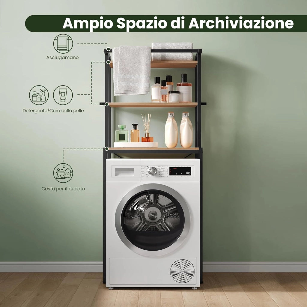Scaffale sopra Lavatrice a 3 Livelli, Mobile sopra WC Autoportante con Asta di Sospensione, Mobile sopra Lavatrice per Bagno o Lavanderia, 67x40x162cm