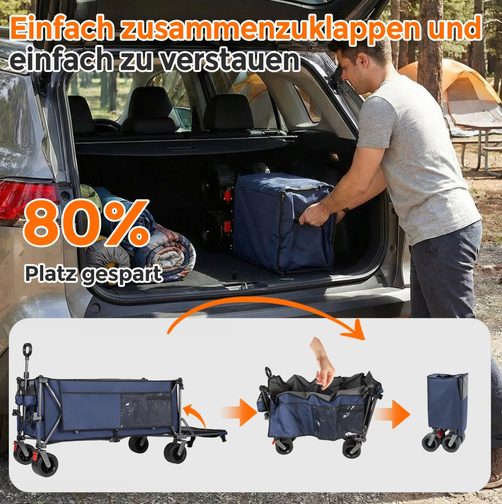 Carrello pieghevole da trasporto 180 cm con sponda posteriore estensibile; in acciaio blu