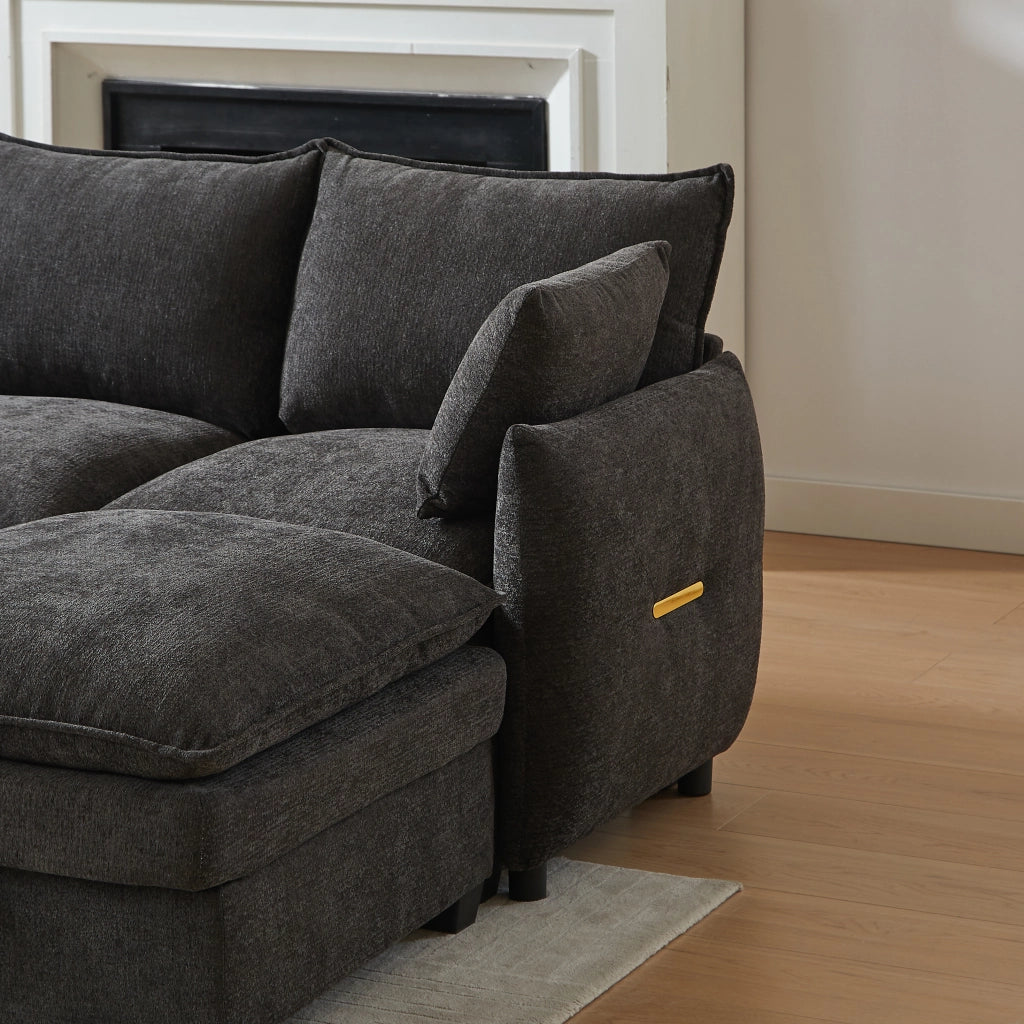 Divano U Modulare con Contenitore ¨C MINIMAL ¨C Chenille, Cuscini, Poggiapiedi, Legno Massello