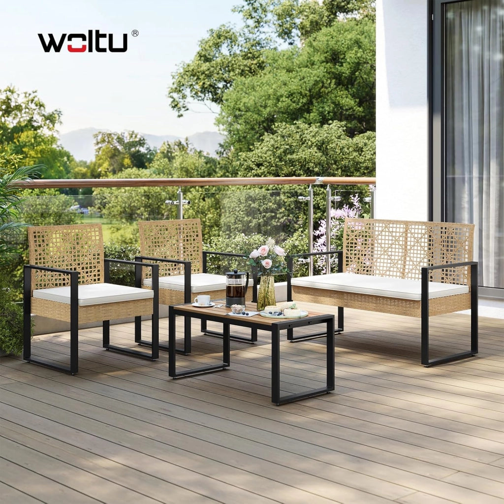 Set di Mobili da Esterno, Tavolo, Divano a 2 Posti e 2 Poltrone con Cuscini Rimovibili, Salotto da Giardino, Resistente alle Intemperie, per Terrazza, Balcone, Colore Legno Naturale