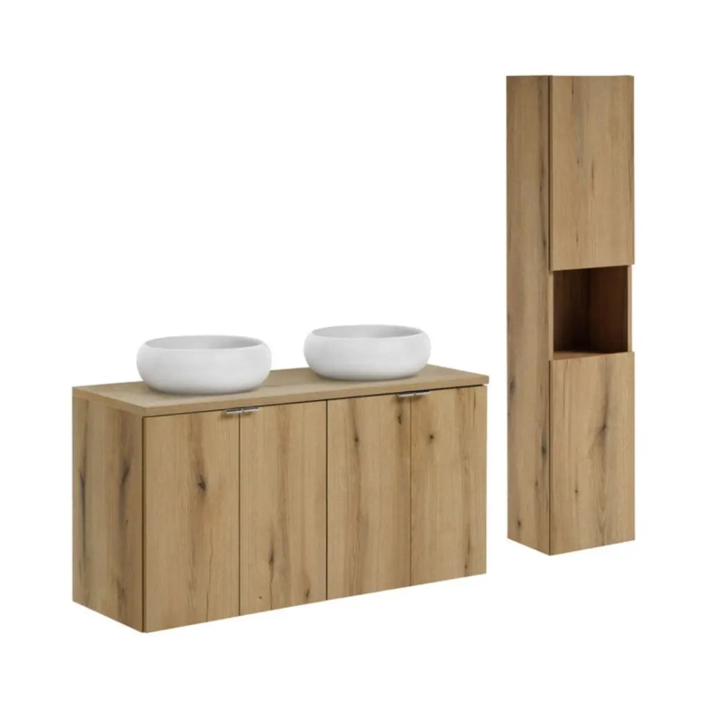 Set VANO finitura quercia 150cm: mobiletti sottolavabo con ante + piano per lavabo + lavabi da appoggio rotondi bianchi + colonna