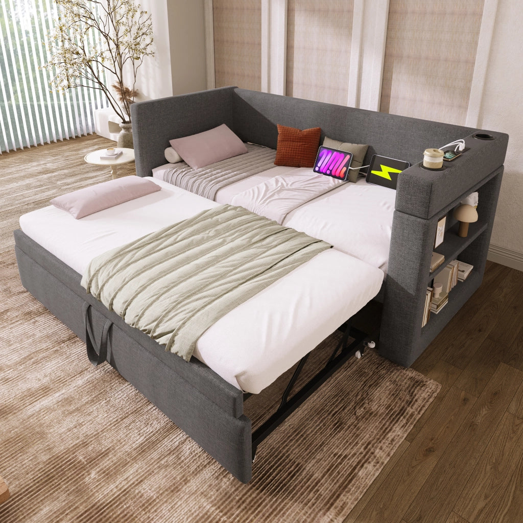 Daybett con letto estraibile cotone lino grigio 90x190 cm