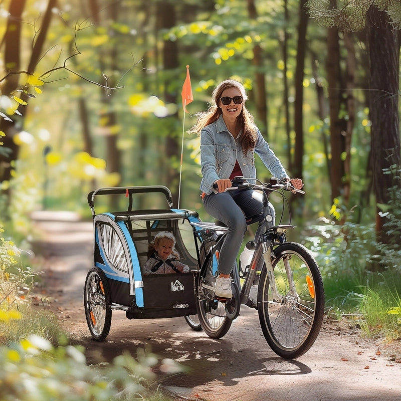 RIMORCHIO BICI 2-in-1 per 2 Bambini 142x75x101 cm Blu in Poliestere
