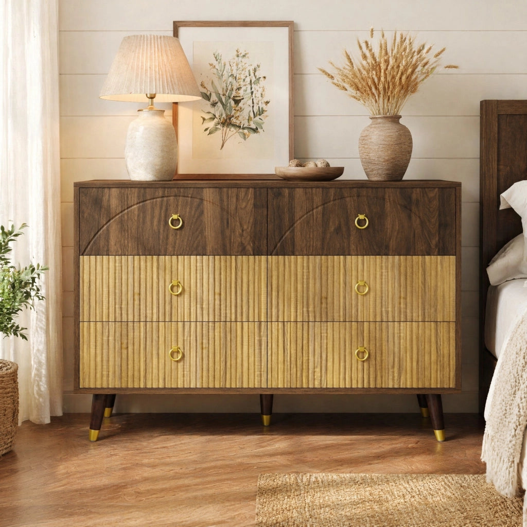 Comò a 6 cassetti effetto legno bicolore con gambe coniche in legno naturale 120 × 40 × 81 cm