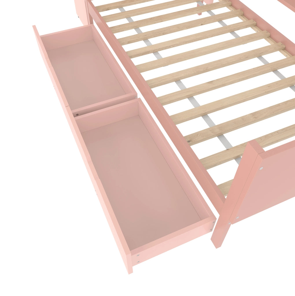 Letto 90x200 cm con scrivania; 2 cassetti e ripiani in pino e truciolare bianco/rosa