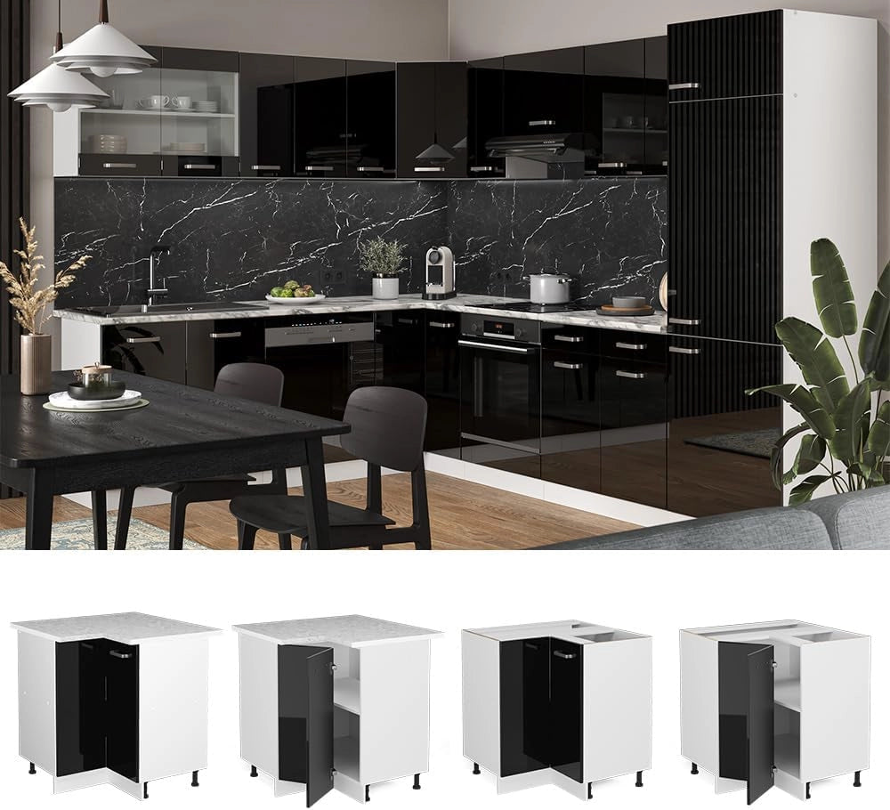 Mobile ad angolo cucina R-Line, Nero lucido, 75.6 cm senza piano di lavoro, per la libera combinazione all'interno di sistemi cucina modulari