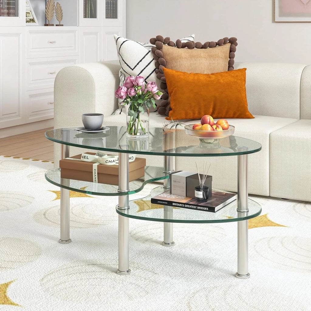 Tavolino da salotto in vetro temperato, tavolino ovale con 3 ripiani in vetro e gambe in acciaio inox con poggiapiedi, elegante tavolo da soggiorno per ufficio e casa, 89 × 49 × 45 cm