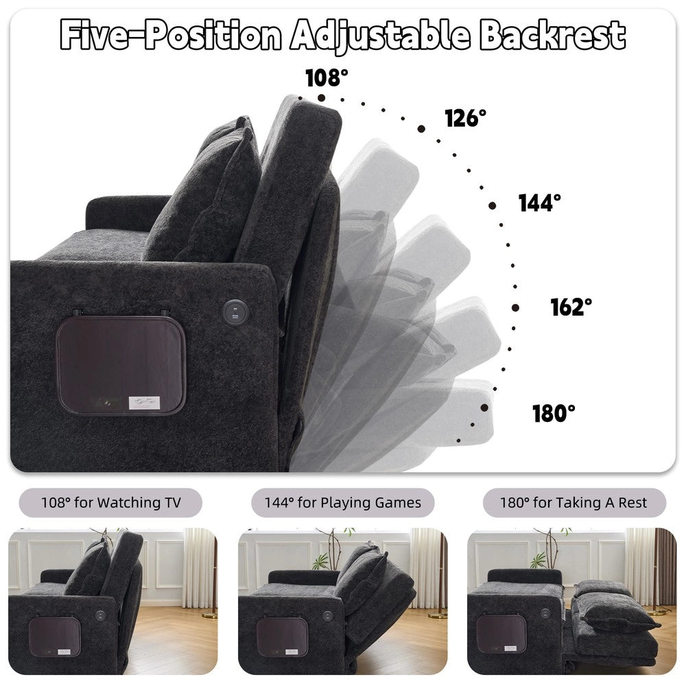 Divano Letto con Contenitore ¨C MINIMAL ¨C Chenille, Nero, Schienale Regolabile 5 Posizioni, USB