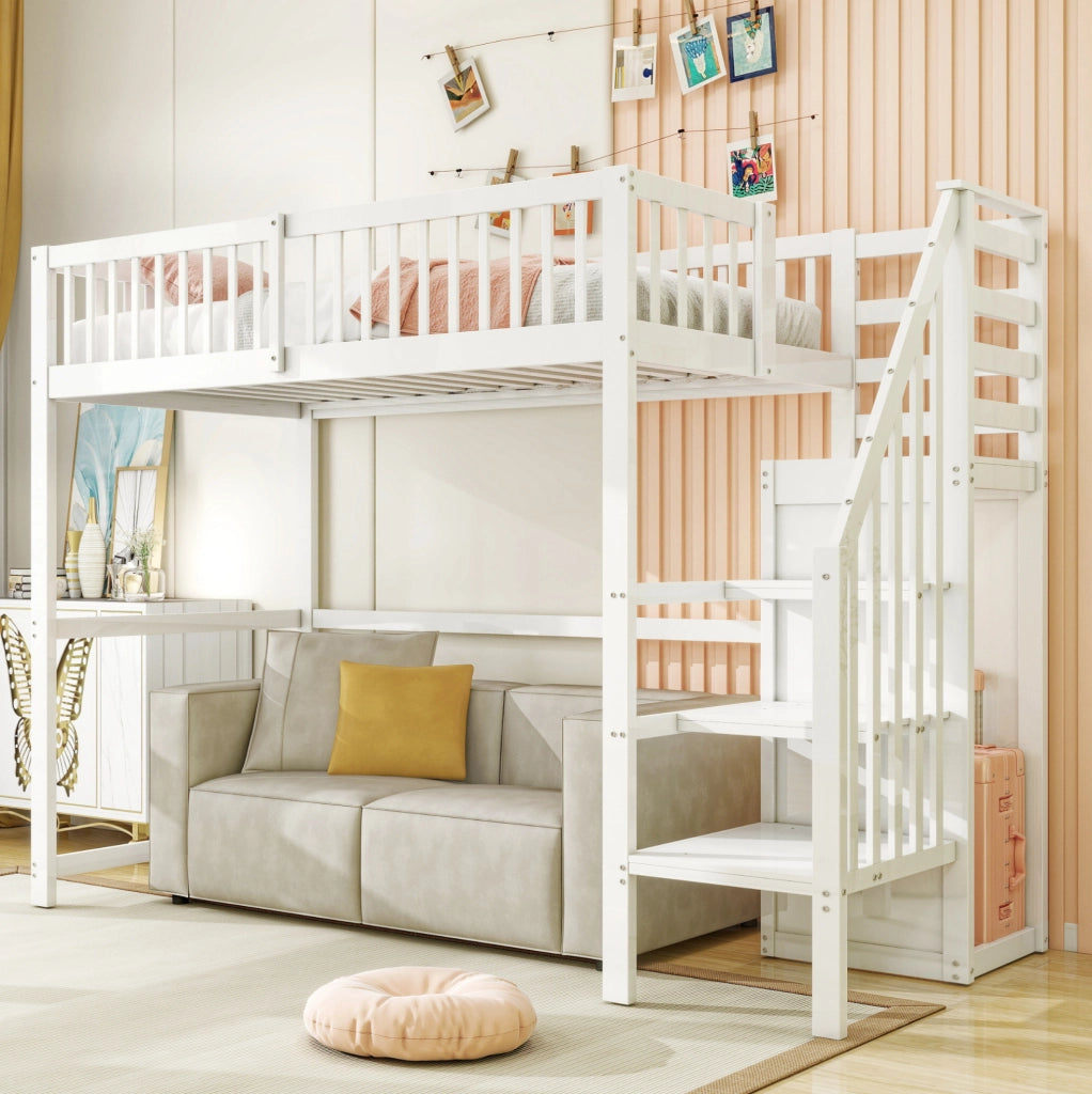 Letto a soppalco 90x200 cm; con scala e armadio; legno; bianco (Senza materasso)