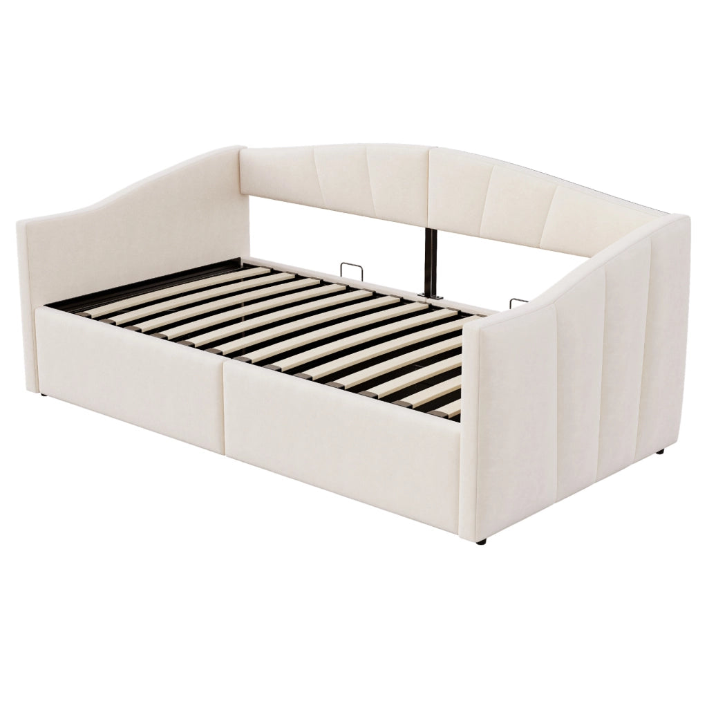 Letto imbottito multifunzionale 90x200 cm con contenitore idraulico; velluto beige