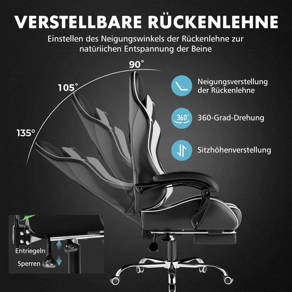 Sedia da gaming, da ufficio, da gioco, ergonomica, con poggiapiedi, per massaggi, cuscino lombare, imbottita, sedia girevole, colore: bianco