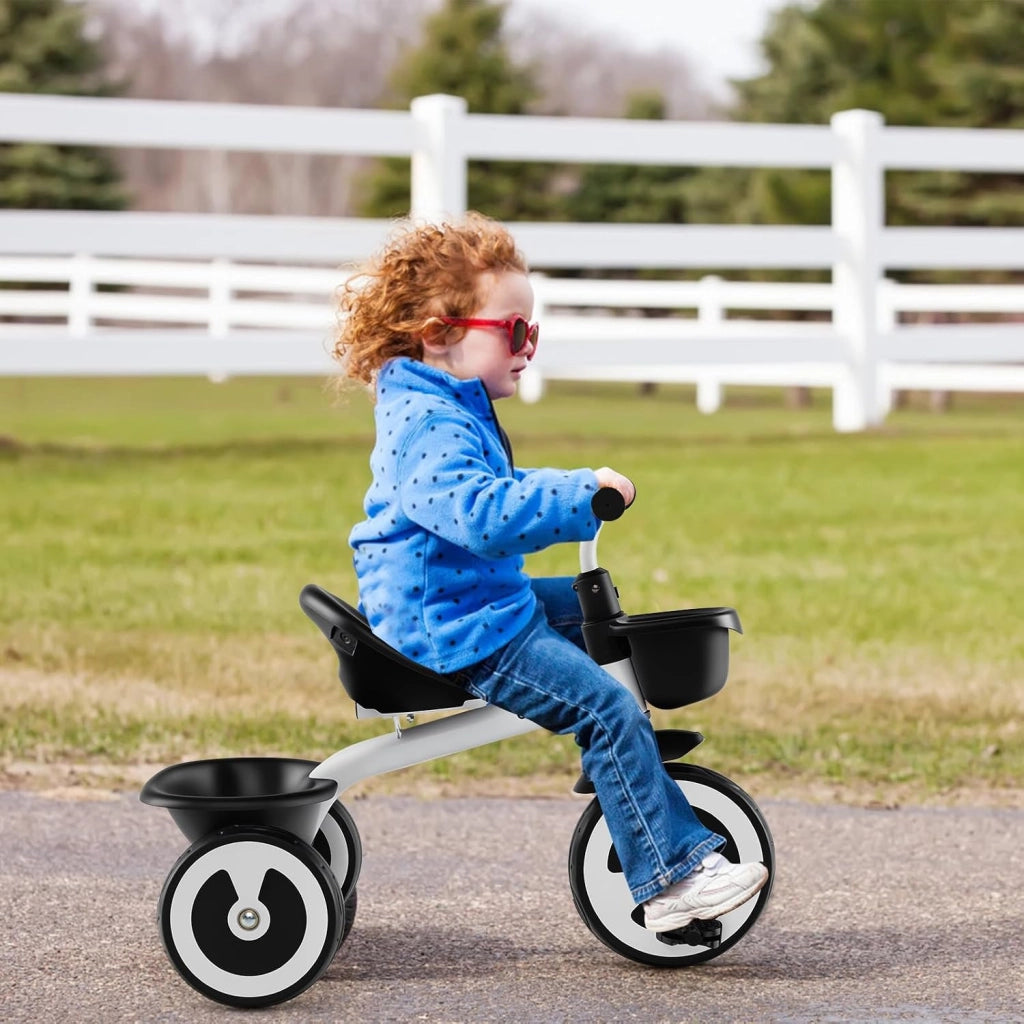Triciclo Bambino 1-5 Anni, Triciclo Evolutivo con Sedile Comodo Regolabile in 2 Posizioni, Struttura a Triangolo Stabile, 2 Cestini di Stoccaggio, Ruote Antiscivolo, Carico 25 KG (Bianco)