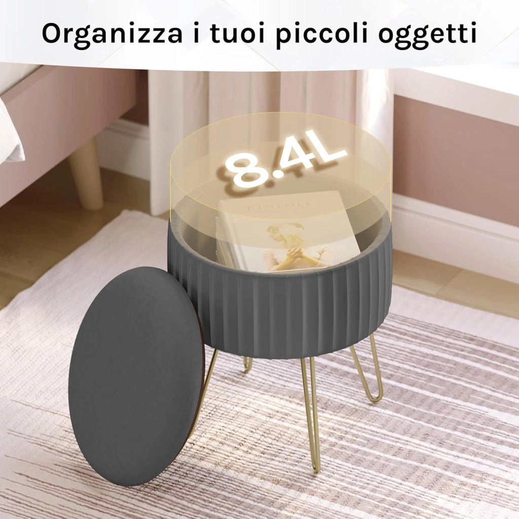 Poggiapiedi Ottomano, Contenitore con Rivestimento in Velluto Olandese e Gambe in Metallo, Sgabello Rotondo per Soggiorno/Camera da Letto/Ingresso, φ31,5xH37,5 cm, Grigio Scuro, SH105dgr