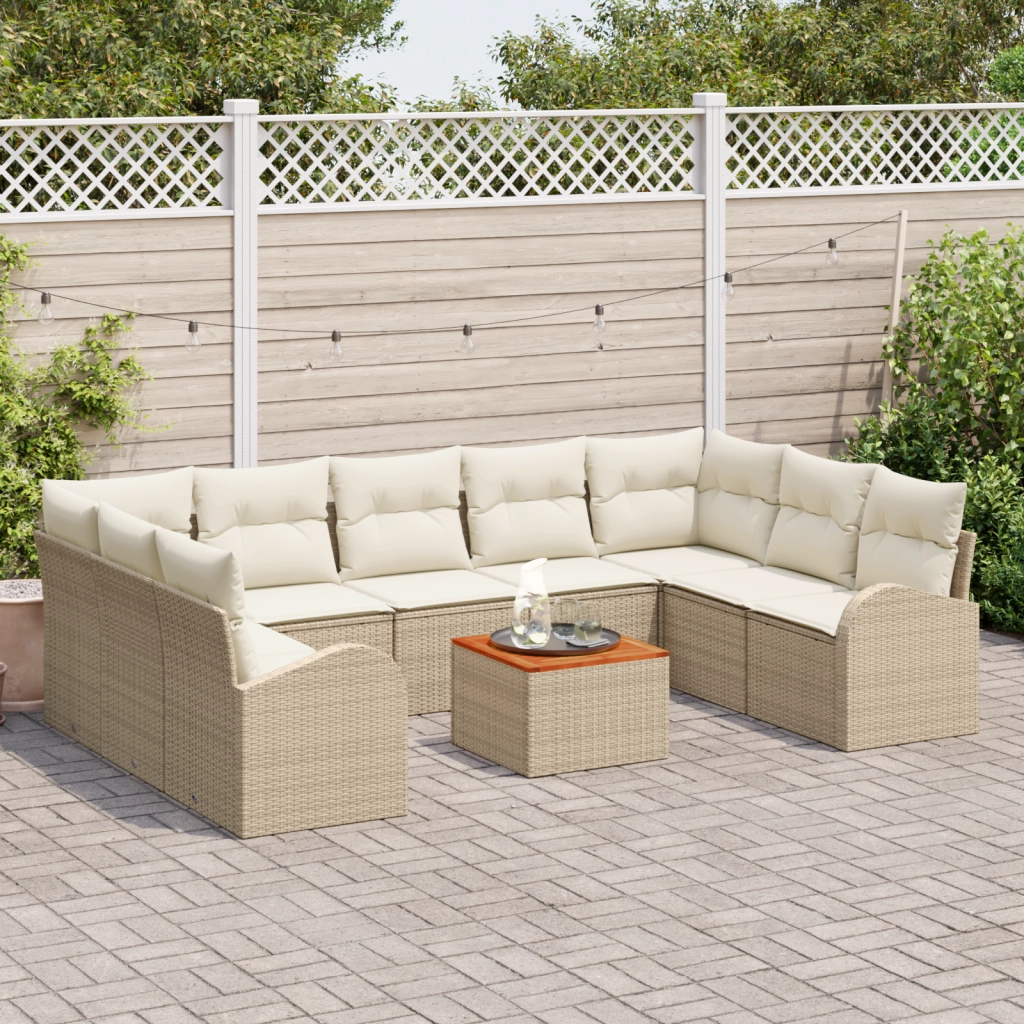 Set divano da giardino di 10 pezzi con cuscini beige polyrattan acacia