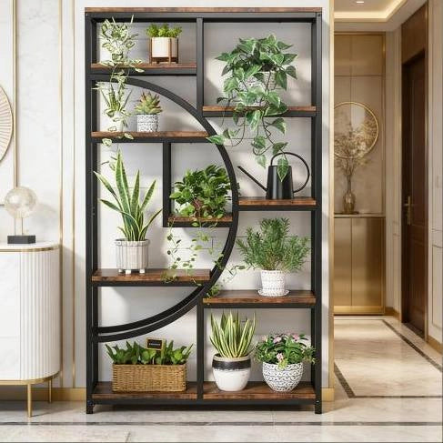 Libreria geometrica 95x30x175 cm metallo nero e legno marrone， 9 ripiani