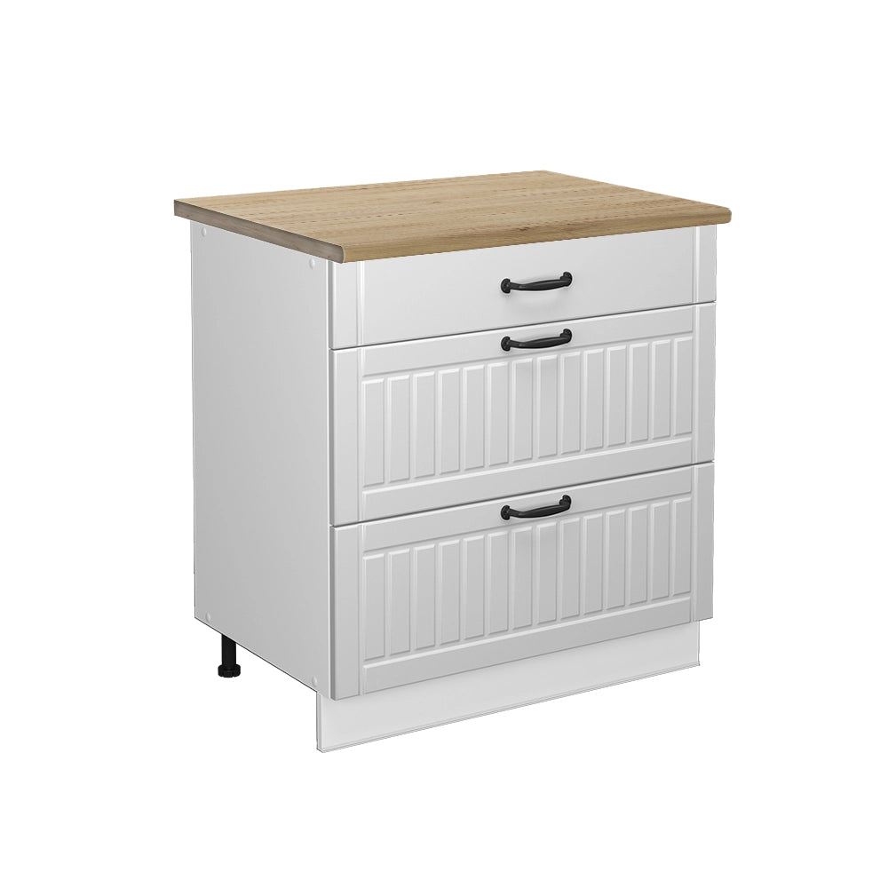 Mobiletto base per cucina Fame-Line Bianco rustico/Bianco 80 cm con 3 cassetti, PL Rovere Vicco