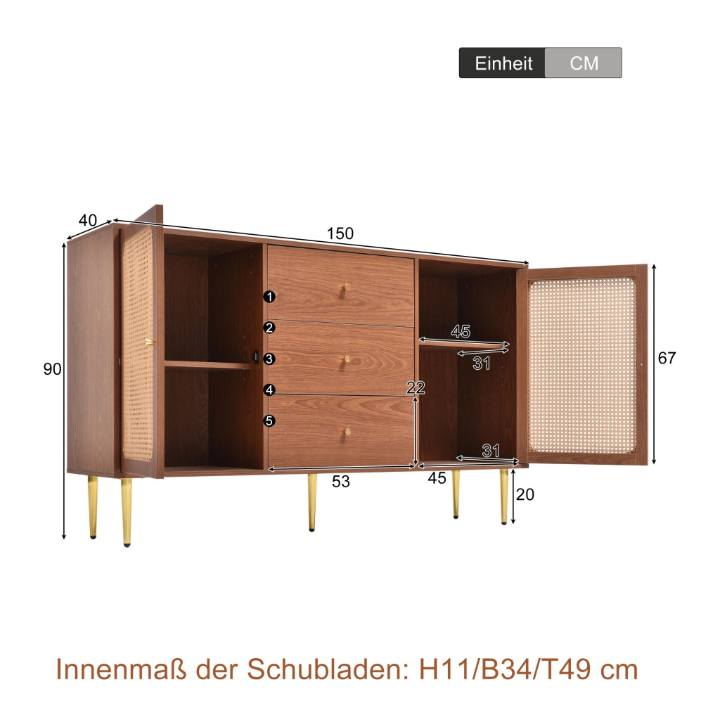 קומոդינה con 2 porte e 3 cassetti in effetto noce, ripiani regolabili, H90/B150/T40 cm