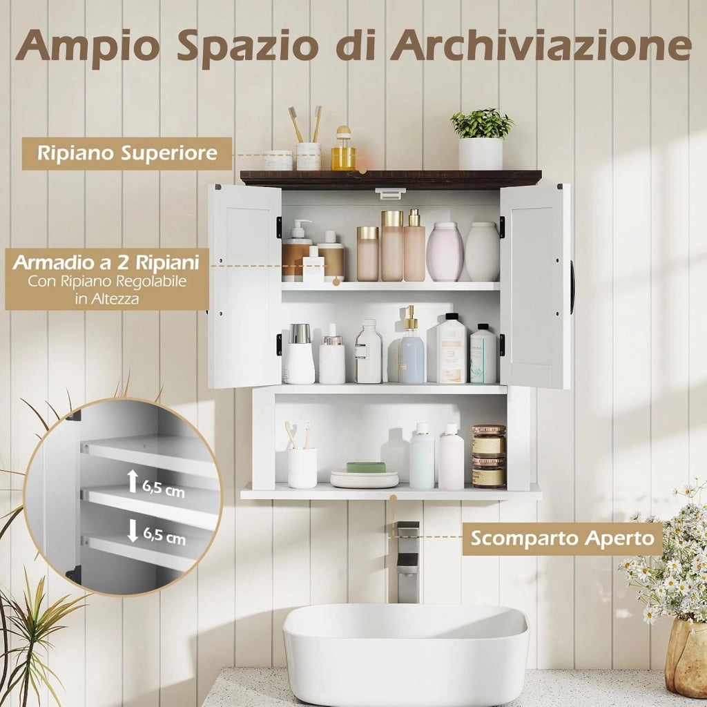 Mobile da Parete per Bagno, Mobiletto Bagno a Muro in Stile Rustico con Ripiano Regolabile e Scomparto Aperto, Armadietto per Soggiorno, Cucina e Ingresso, 55 x 19 x 60 cm (Bianco)