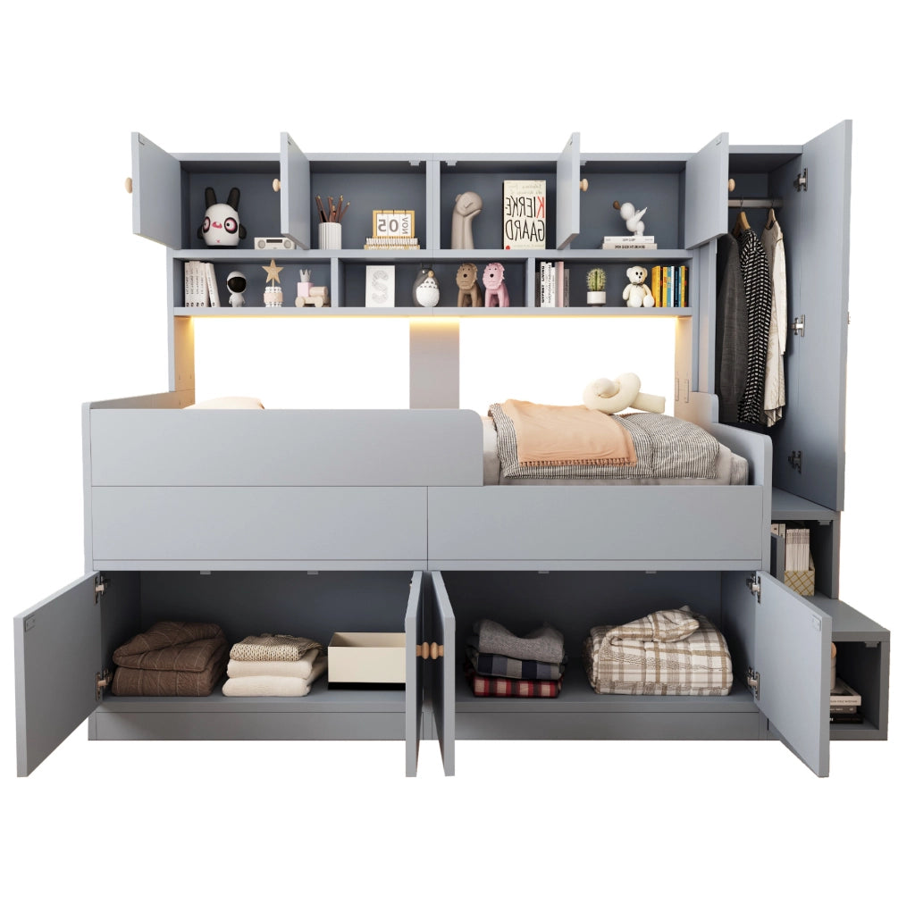Letto a soppalco ULEVR 90x200 cm con armadi, scala contenitore, ripiani, LED e sponde di sicurezza, grigio