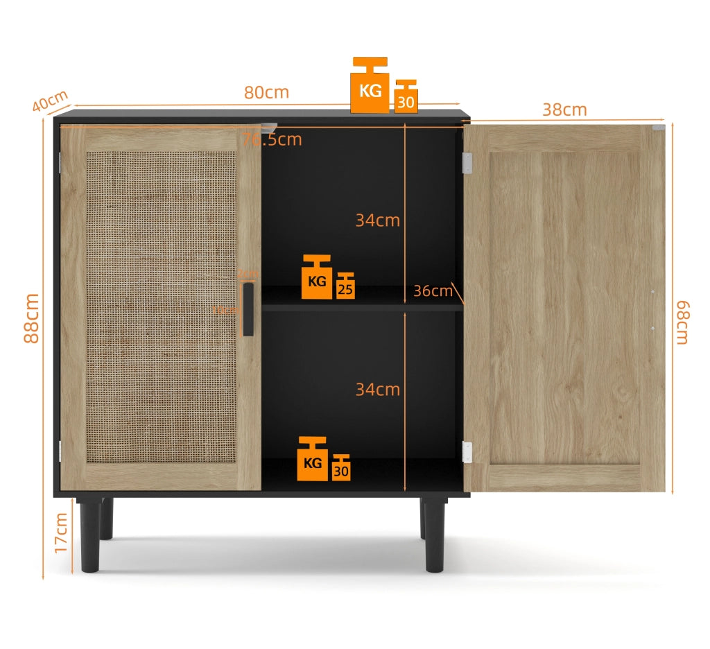 Credenza a 2 ante con chiusura magnetica e 2 vani aperti per soggiorno sala da pranzo e ingresso nero 80 × 40 × 88 cm