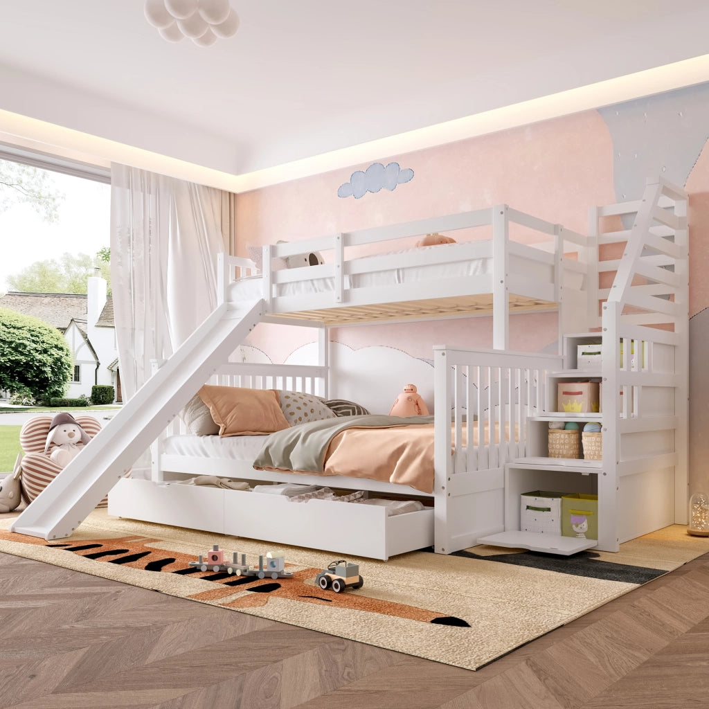 LETTO a castello con cassetti e scivolo 90x200/140x200 cm Bianco antico