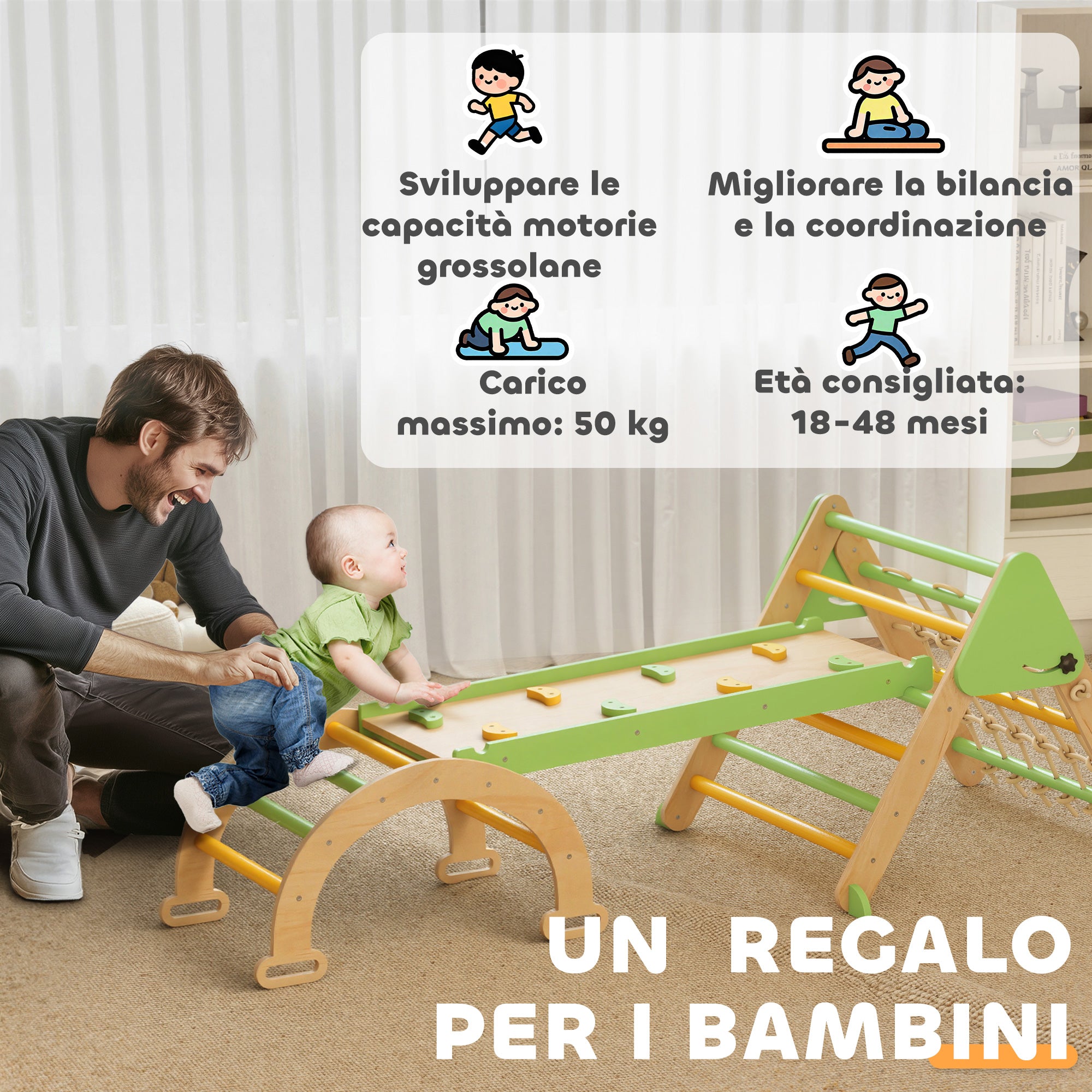 Gioco per Bambini 8 in 1 con Triangolo Parete Liscia e Arco 191.5x74.5x63 cm in Legno di Pioppo e Pino