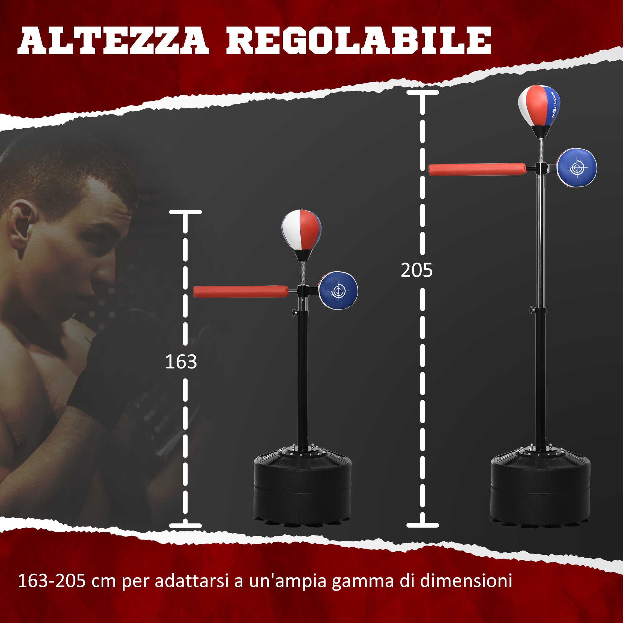 Sacco Boxe da Terra 80.5x48x163-205 cm con Barra Girevole Speedball e Colpitore in Acciaio HDPE e PU Multicolore