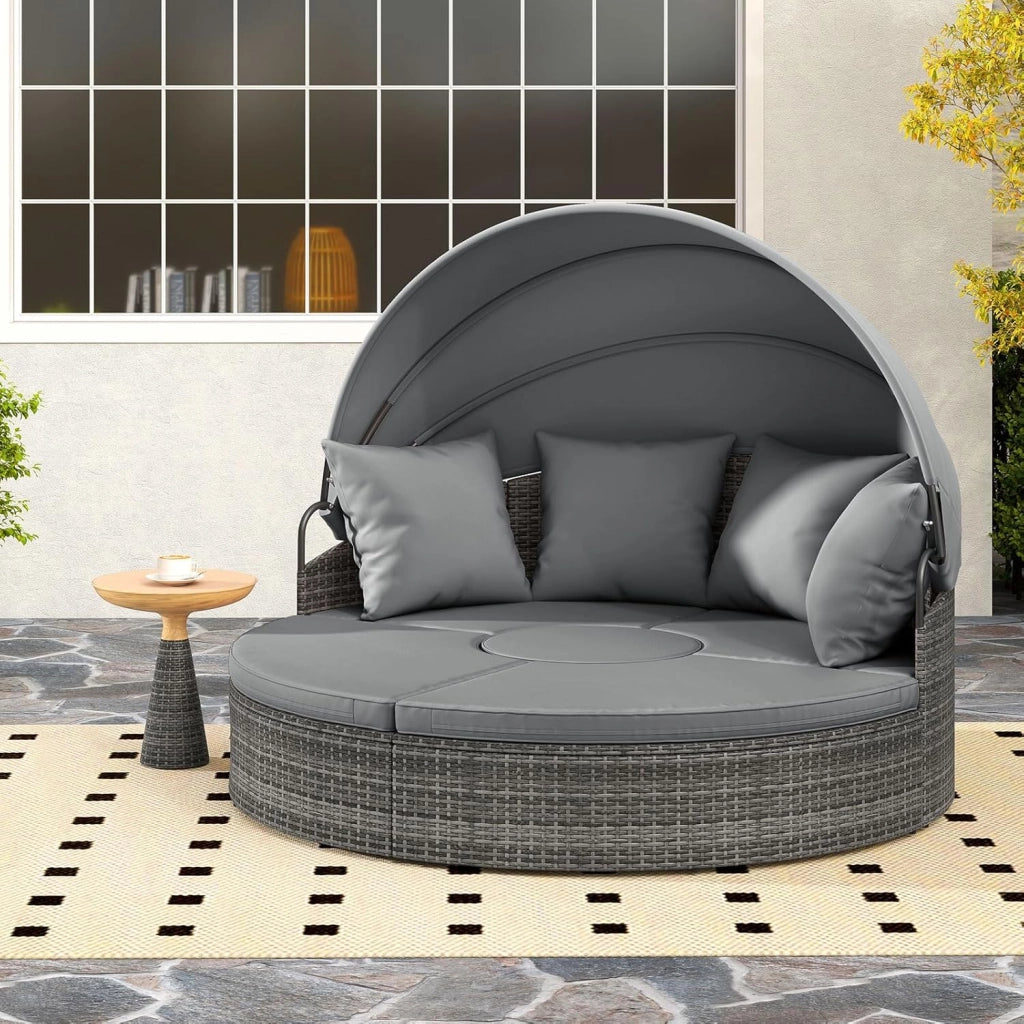 Divano da giardino rotondo in rattan PE con baldacchino retrattile, cuscini e cuscini rimovibili, tavolo basso, carico 180 kg, salotto da giardino modulabile per terrazza piscina (grigio)