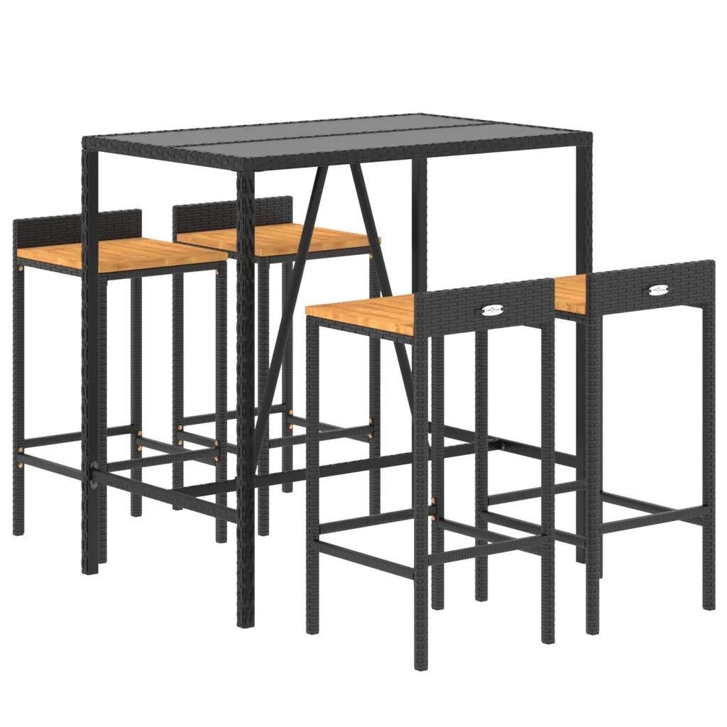 Set Bar Giardino 5 pz Nero Polyrattan e Legno Massello Acacia 3187676