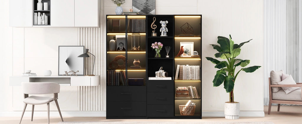 Vetrina LED modulare con ante in vetro, ripiani aperti e cassetti, per soggiorno e cucina, nero, 140 × 40 × 160 cm